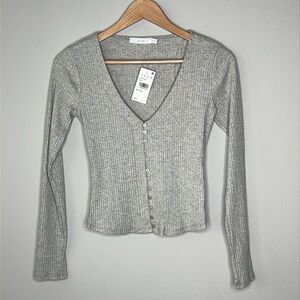 Lush Nordstrom Button Up Long Sleeve Cropped Top in Grey Size XS NWT!